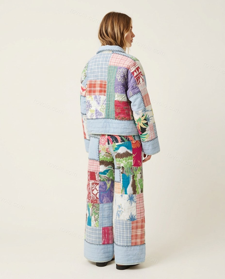 Light Blue Floral Cotton Jacket & Pants Set, back studio view showing quilted patchwork with no visible details, by rovole.com