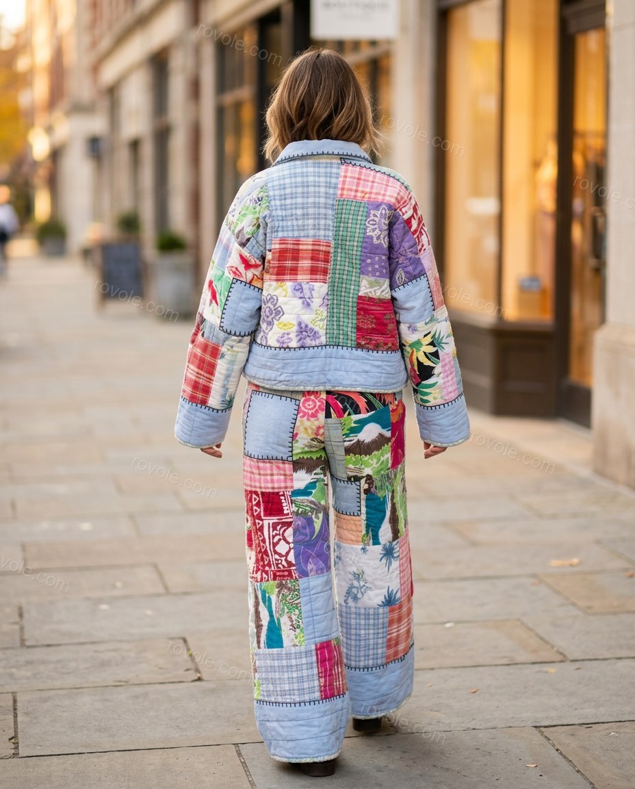Light Blue Floral Cotton Jacket & Pants Set, movement and fit lifestyle view, by rovole.com