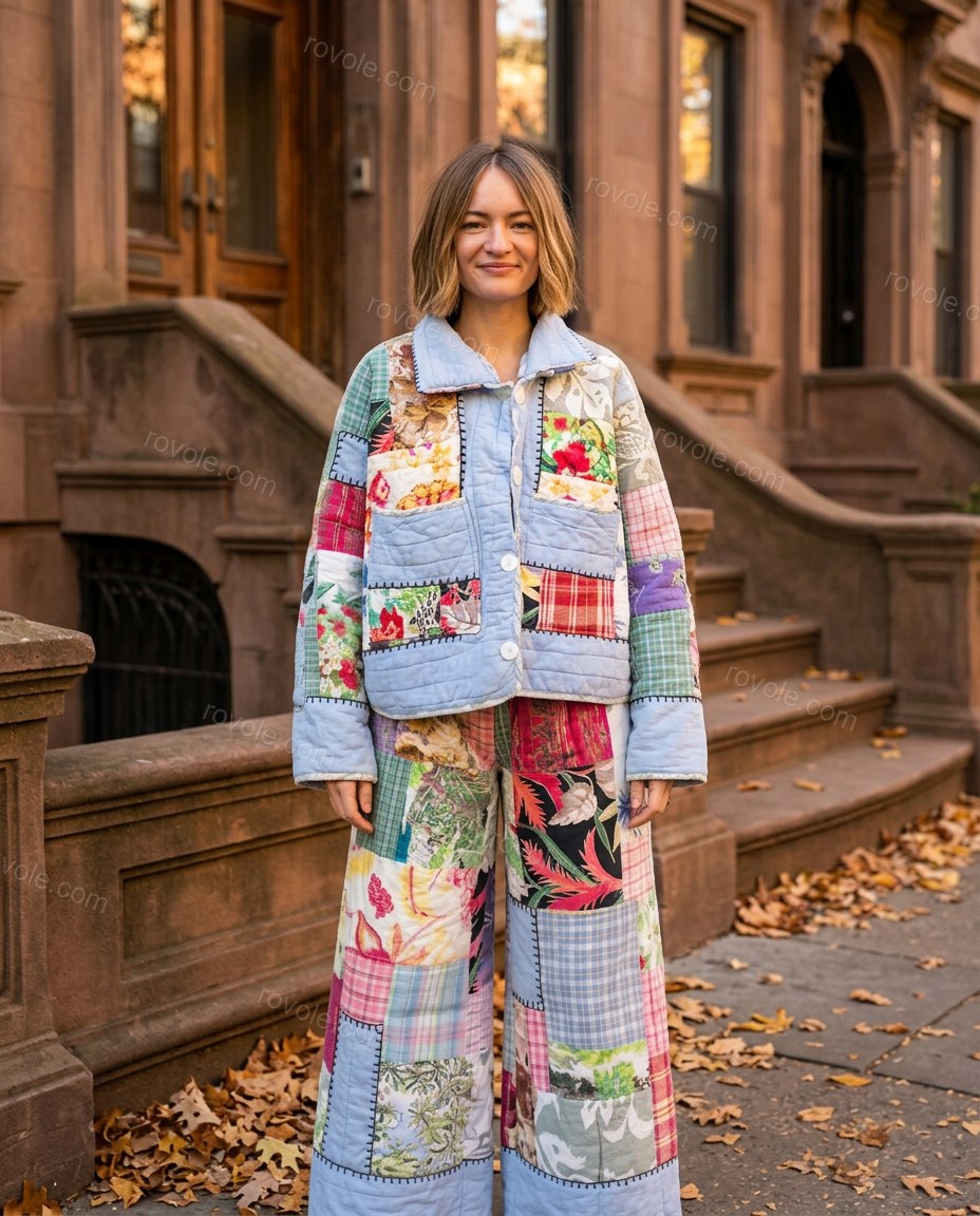 Light Blue Floral Cotton Jacket & Pants Set, alternate use-case lifestyle view, by rovole.com
