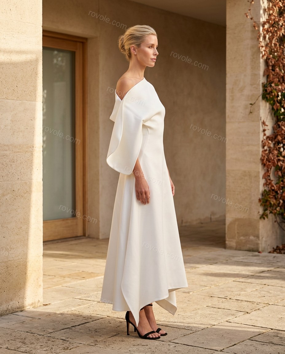 White Midi Off-Shoulder High-Low Dress, movement and fit lifestyle view, by rovole.com