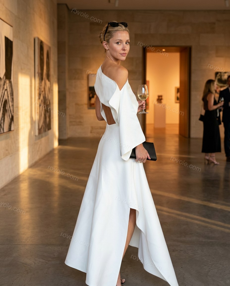 White Midi Off-Shoulder High-Low Dress, alternate use-case lifestyle view, by rovole.com