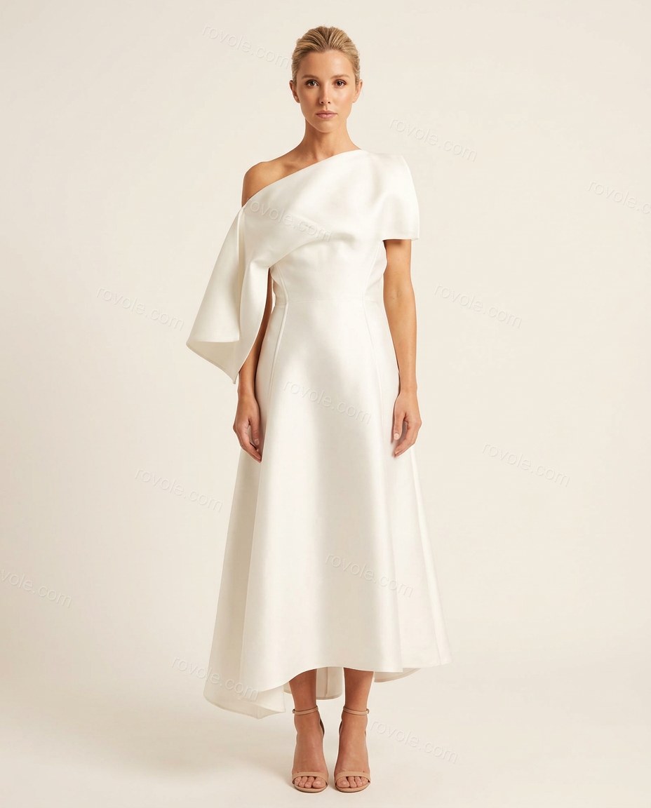 White Midi Off-Shoulder High-Low Dress, front studio view, by rovole.com