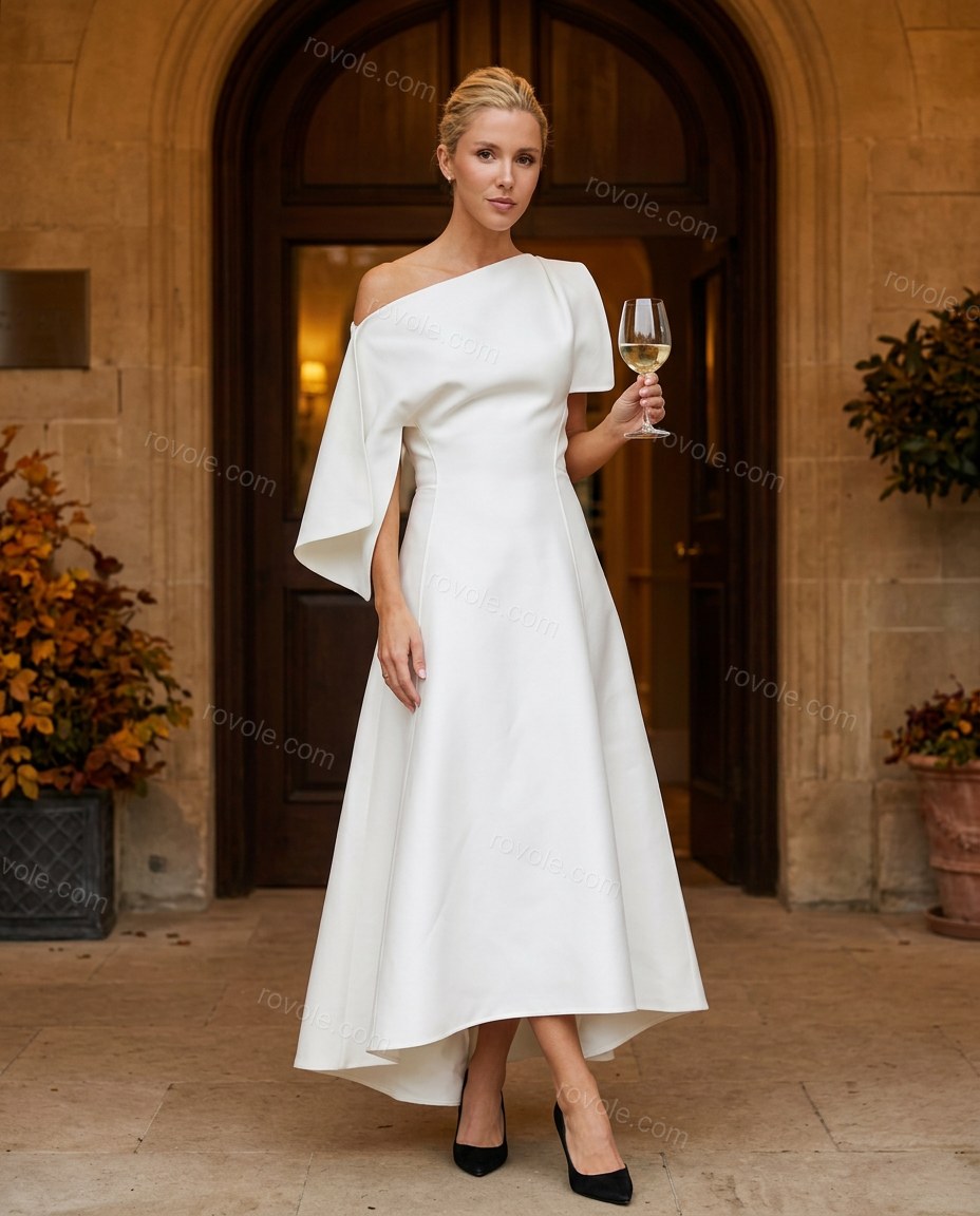 White Midi Off-Shoulder High-Low Dress, full-length hero view, by rovole.com
