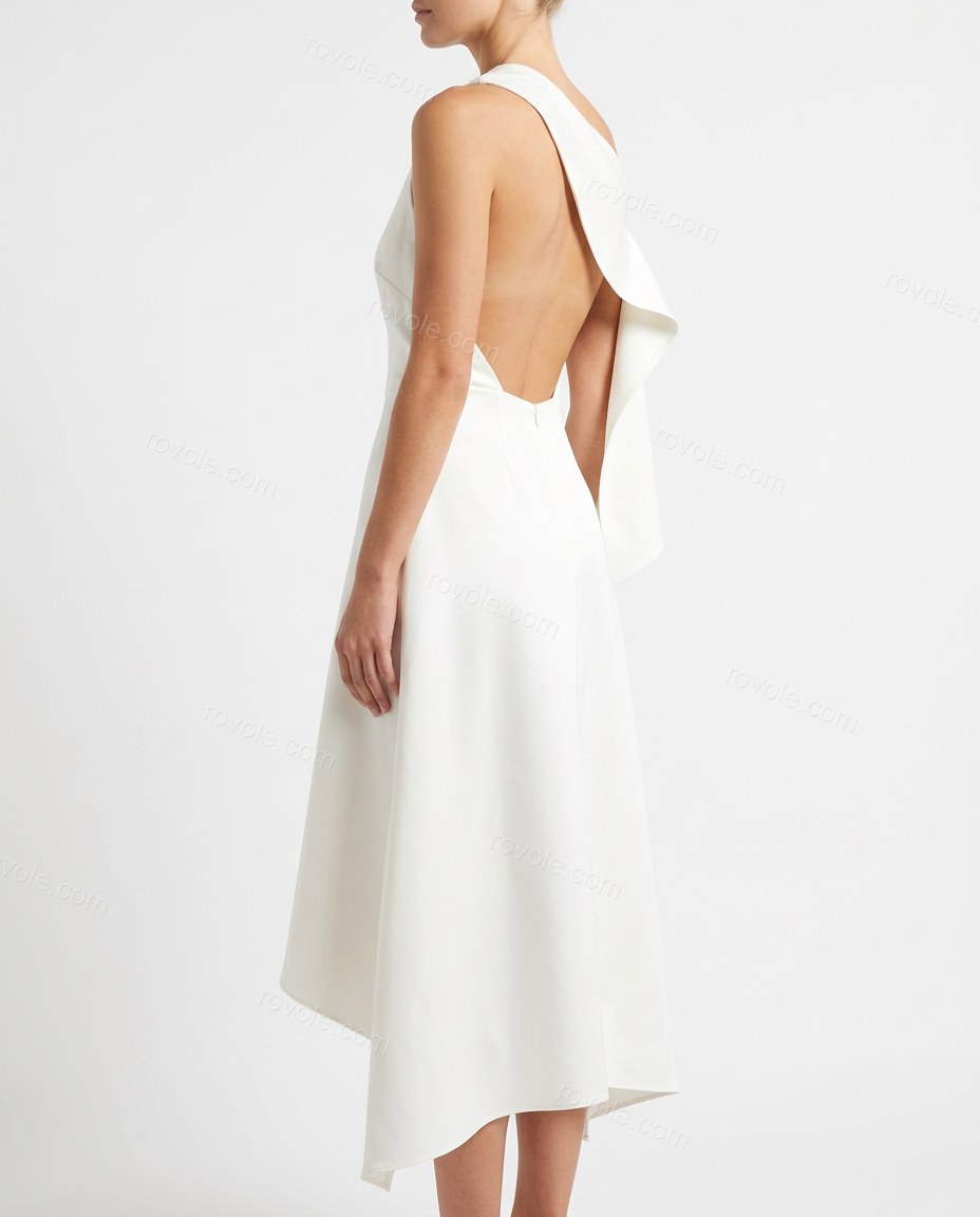White Midi Off-Shoulder High-Low Dress, back studio view, by rovole.com