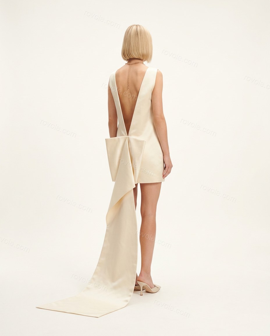 Cream Mini Satin Dress, back studio view, by rovole.com