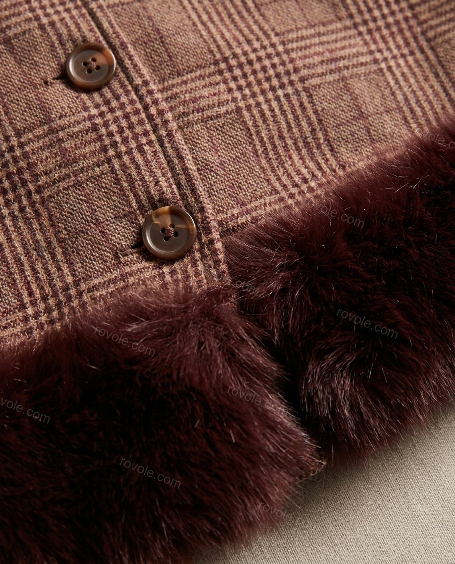 Brown Plaid Mini Cape Skirt Set, close-up of plaid, by rovole.com