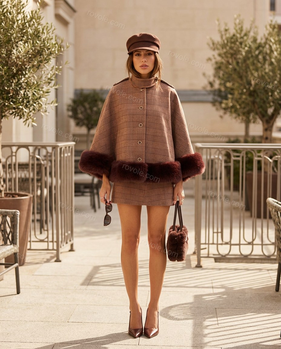 Brown Plaid Mini Cape Skirt Set, three-quarter brand lifestyle view, by rovole.com