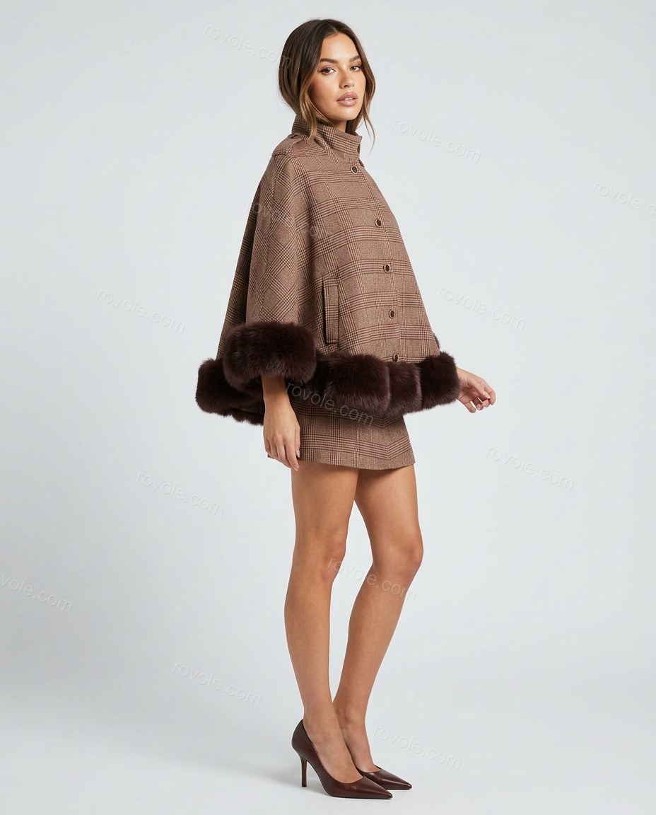 Brown Plaid Mini Cape Skirt Set, side and back studio view, by rovole.com