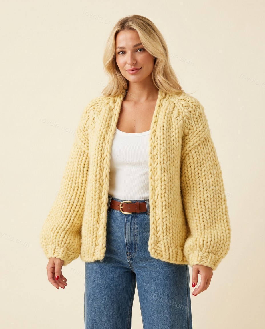 Light Yellow Knit Ribbed Cardigan, full-length hero view, by rovole.com