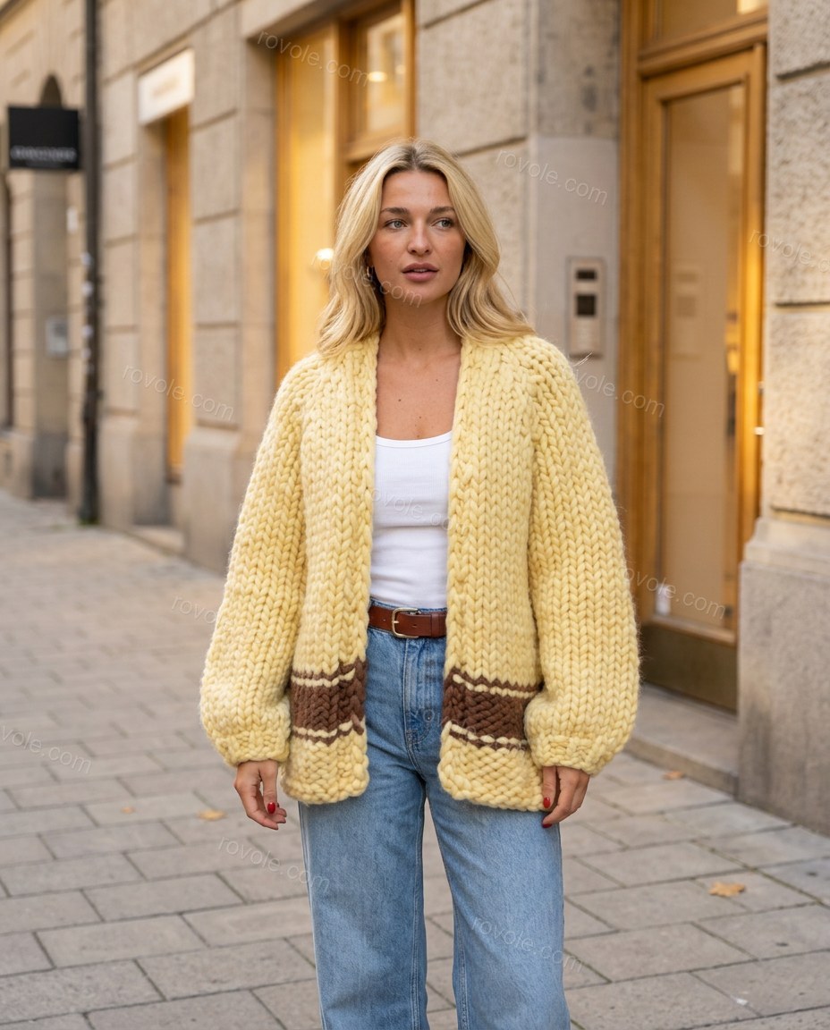 Light Yellow Knit Ribbed Cardigan, alternate use-case lifestyle view, by rovole.com