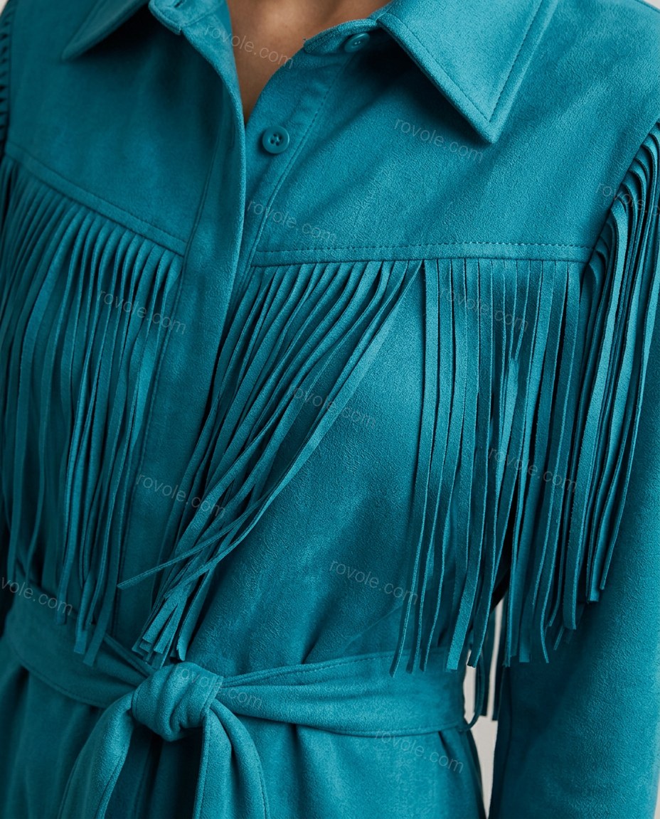 Teal Mini Fringe Dress, close-up of fringe detailing, button-front closure and point collar, by rovole.com