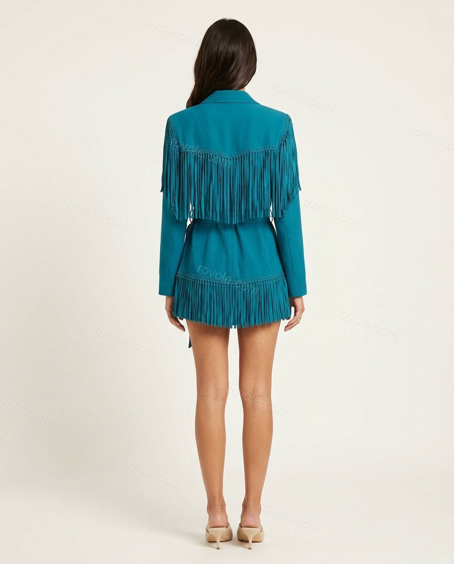 Teal Mini Fringe Dress, back studio view, by rovole.com