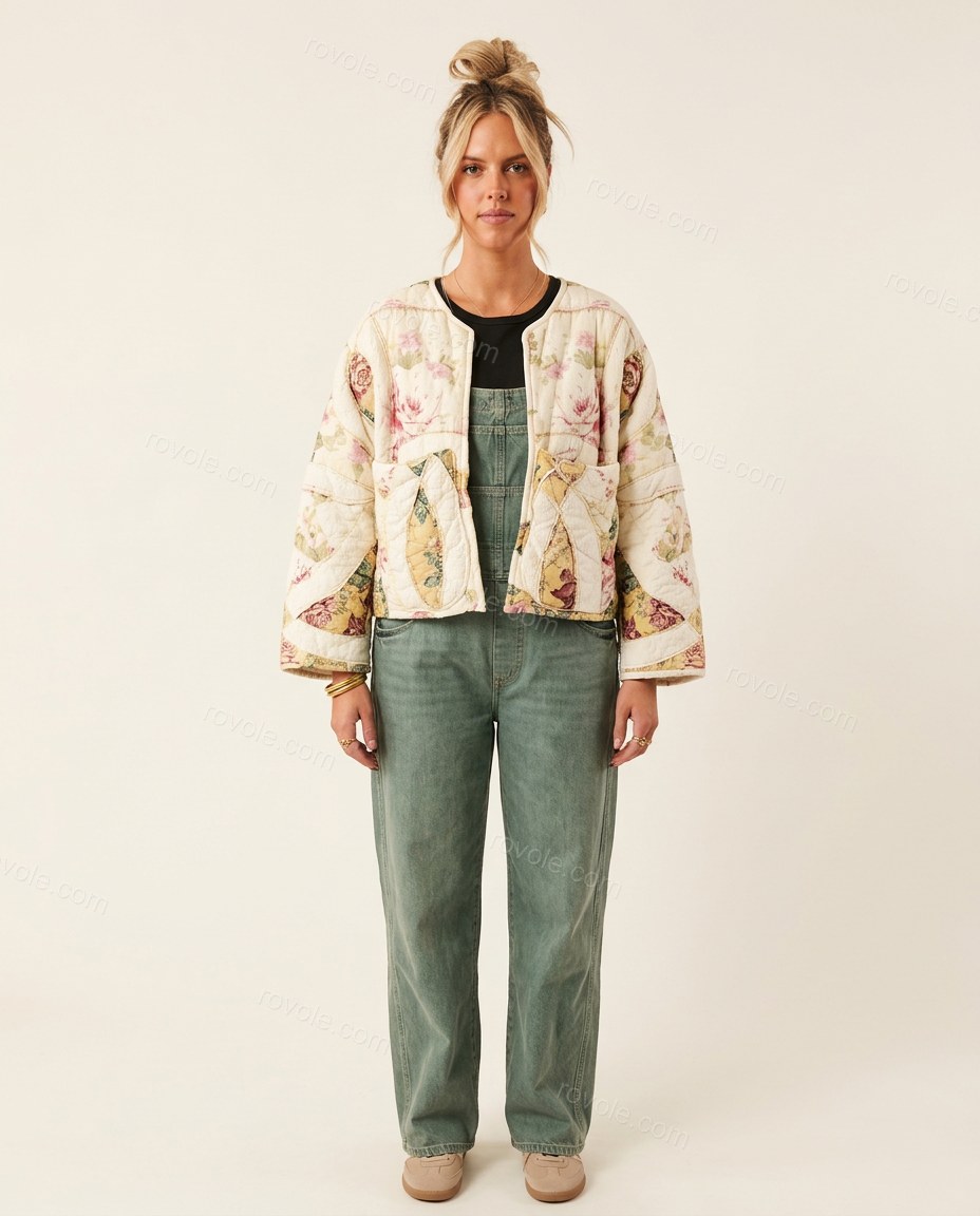 Cream Floral Cotton Jacket, front studio view, by rovole.com