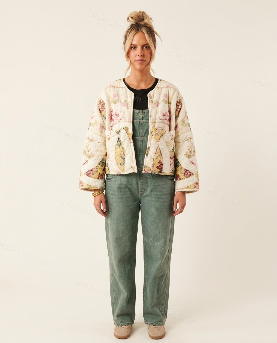 Cream Floral Cotton Jacket, front studio view, by rovole.com
