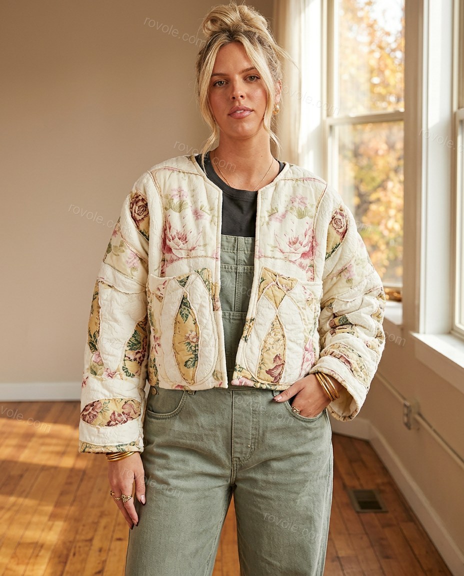 Cream Floral Cotton Jacket, full-length hero view, by rovole.com