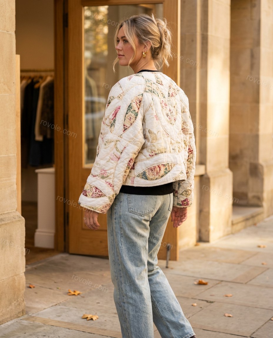 Cream Floral Cotton Jacket, alternate use-case lifestyle view, by rovole.com