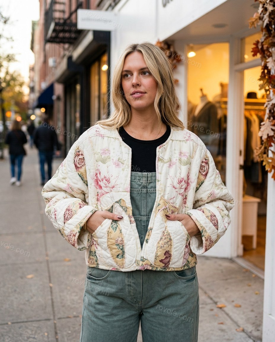 Cream Floral Cotton Jacket, three-quarter brand lifestyle view, by rovole.com