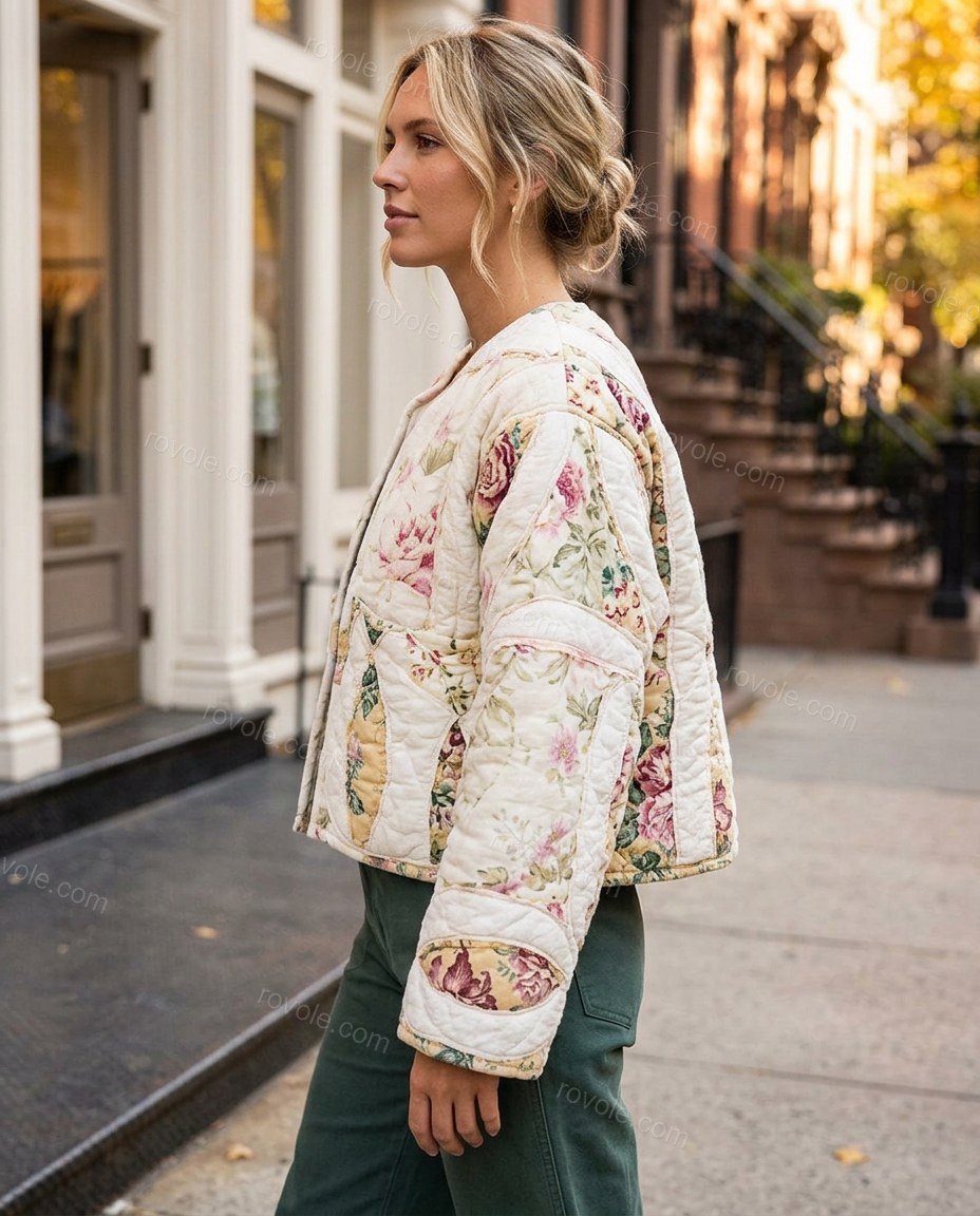 Cream Floral Cotton Jacket, walking lifestyle view, by rovole.com