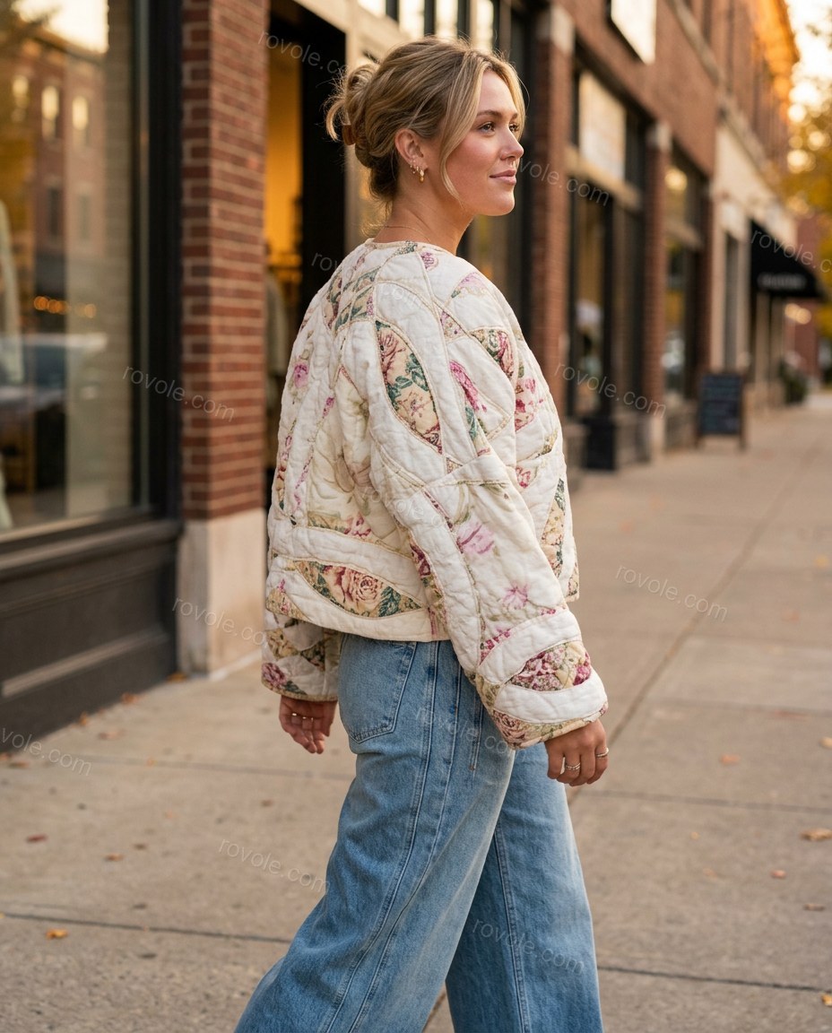 Cream Floral Cotton Jacket, movement and fit lifestyle view, by rovole.com
