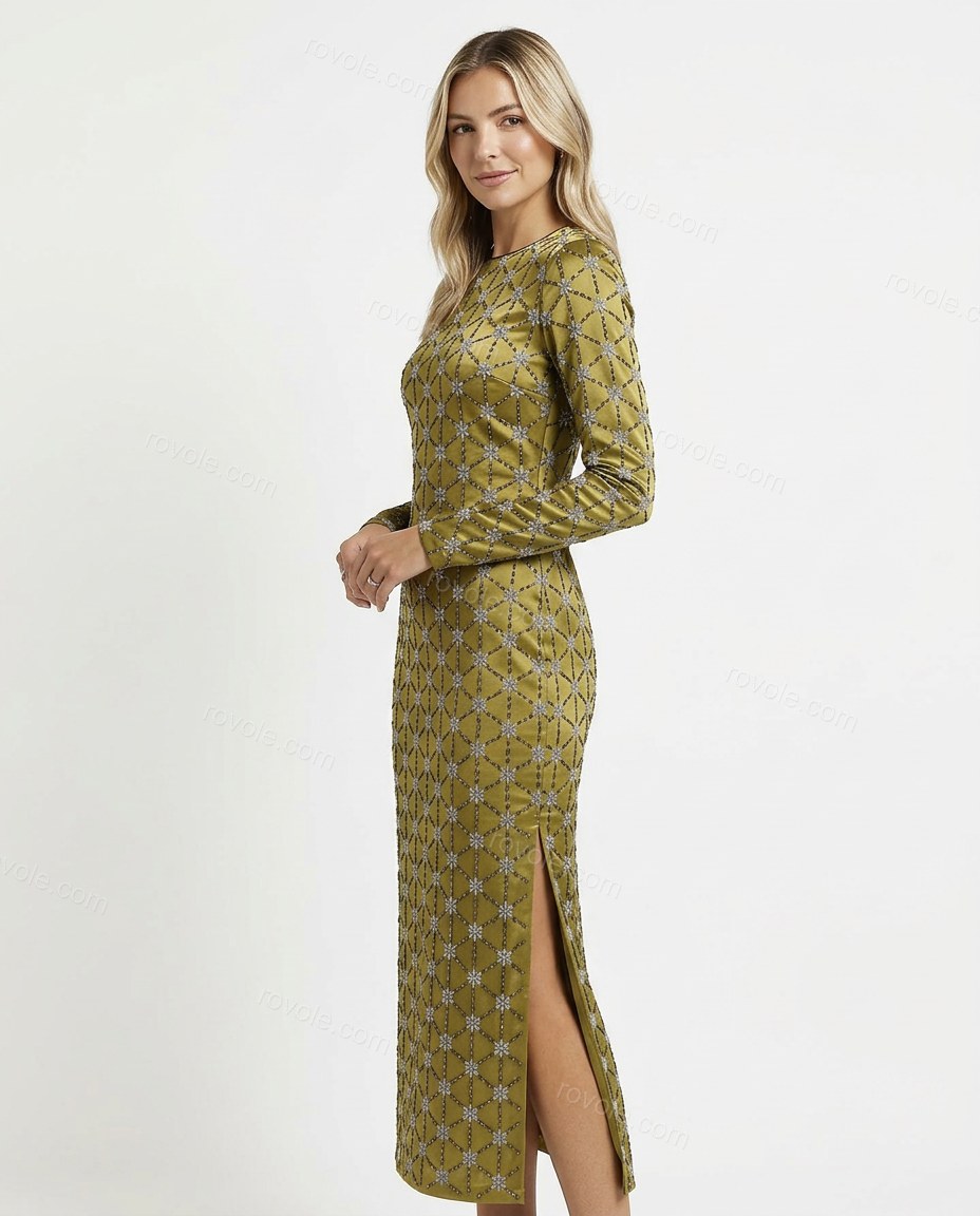 Olive Green Floral Maxi Satin Dress, side and back studio view, by rovole.com