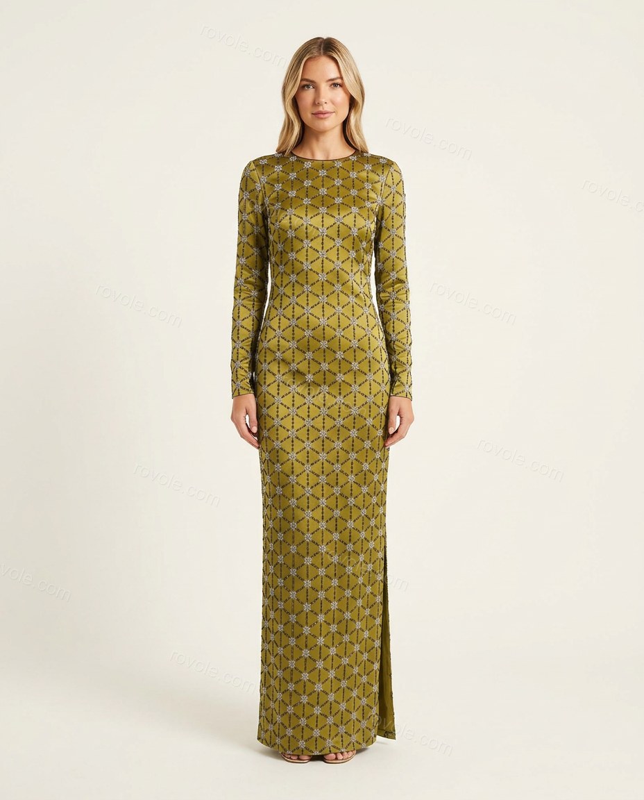 Olive Green Floral Maxi Satin Dress, front studio view, by rovole.com