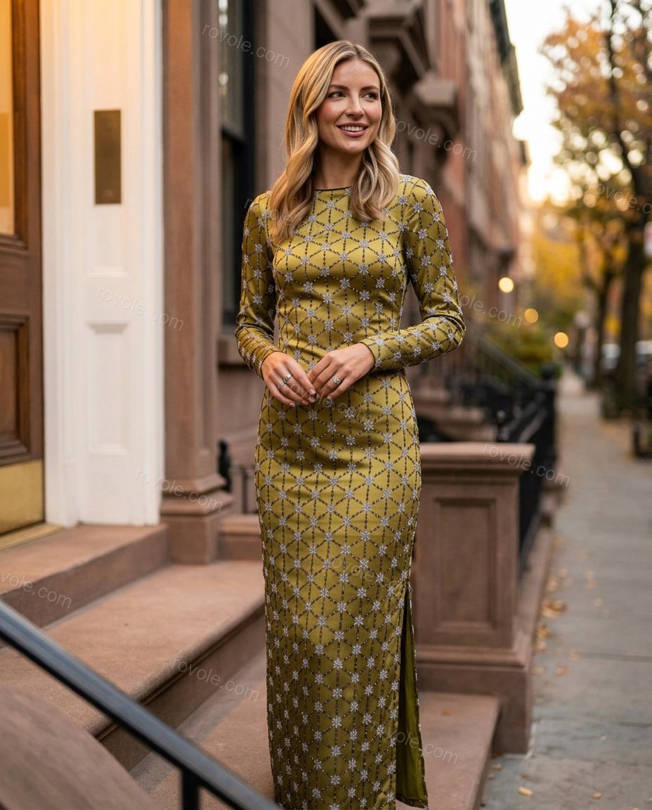 Olive Green Floral Maxi Satin Dress, alternate use-case lifestyle view, by rovole.com