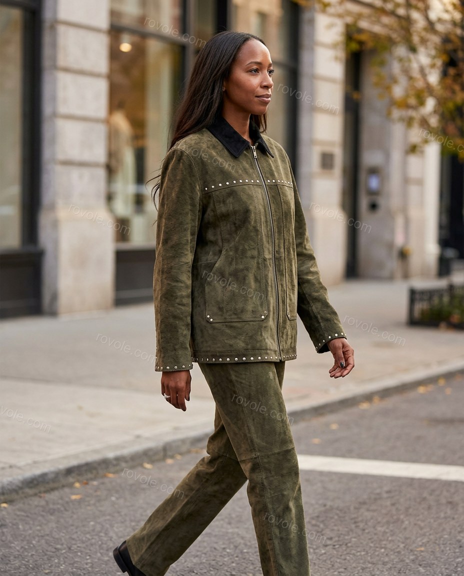 Olive Green Two-Piece Set, walking lifestyle view, by rovole.com
