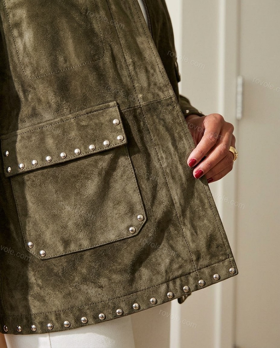 Olive Green Two-Piece Set, close-up of black and silver-toned accents, front zipper closure and contrast collar, by rovole.com