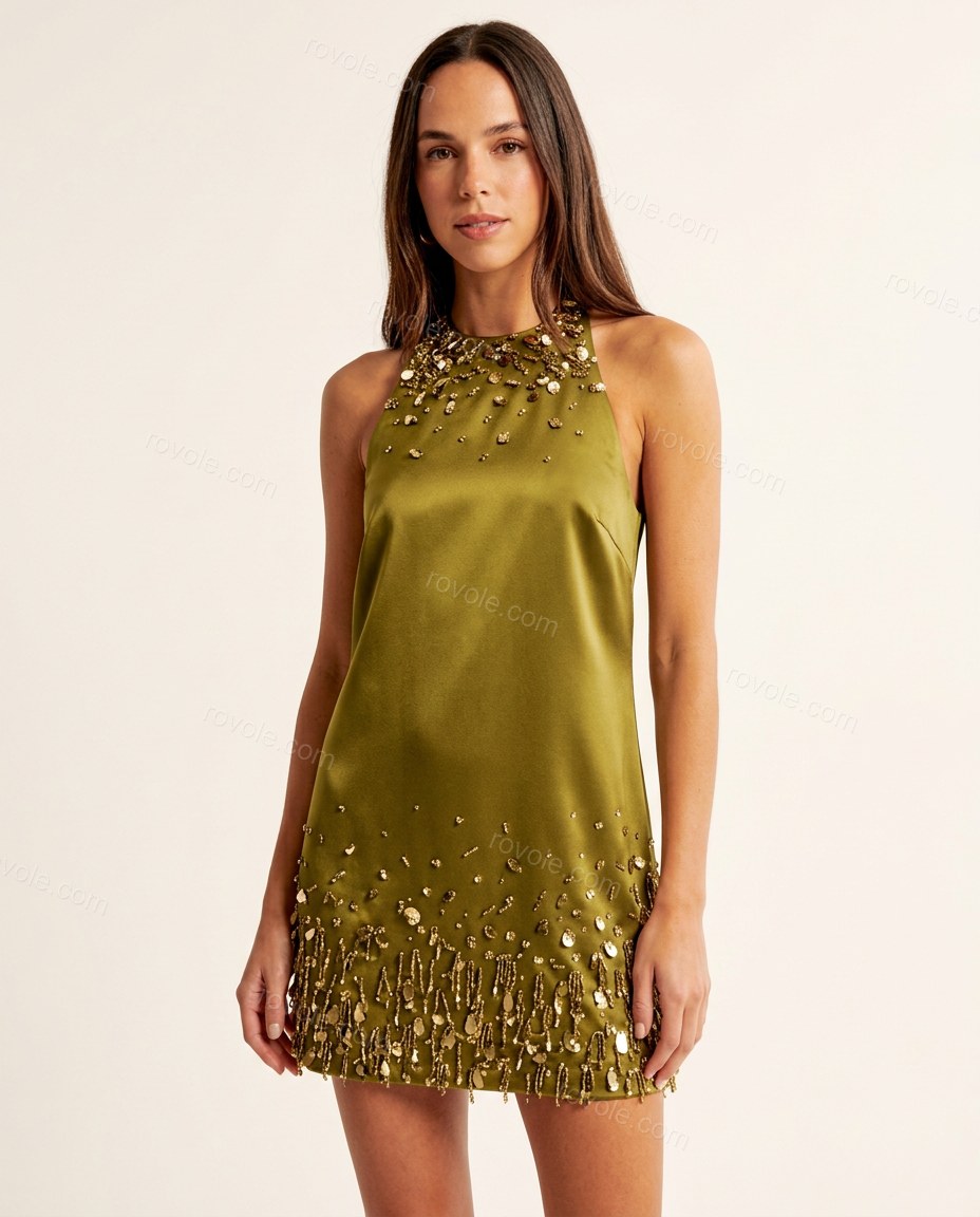 Olive Green Mini Open-Back Halter Dress, front studio view, by rovole.com