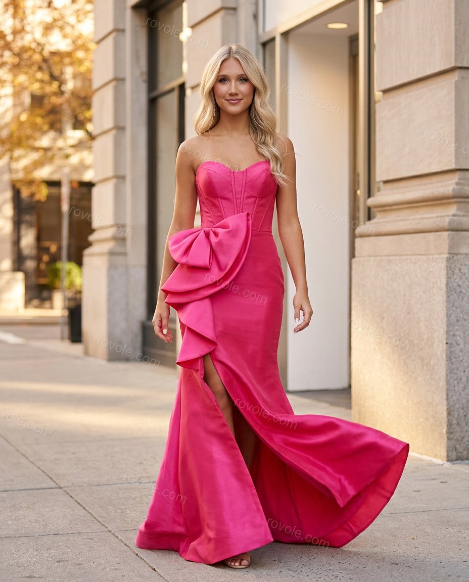 Fuchsia Maxi Strapless Satin Dress, walking lifestyle view, by rovole.com