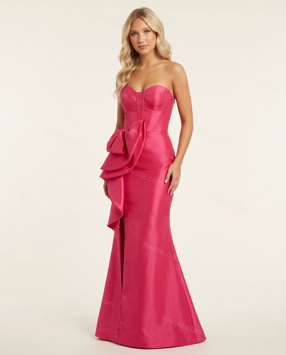 Fuchsia Maxi Strapless Satin Dress, side and back studio view, by rovole.com