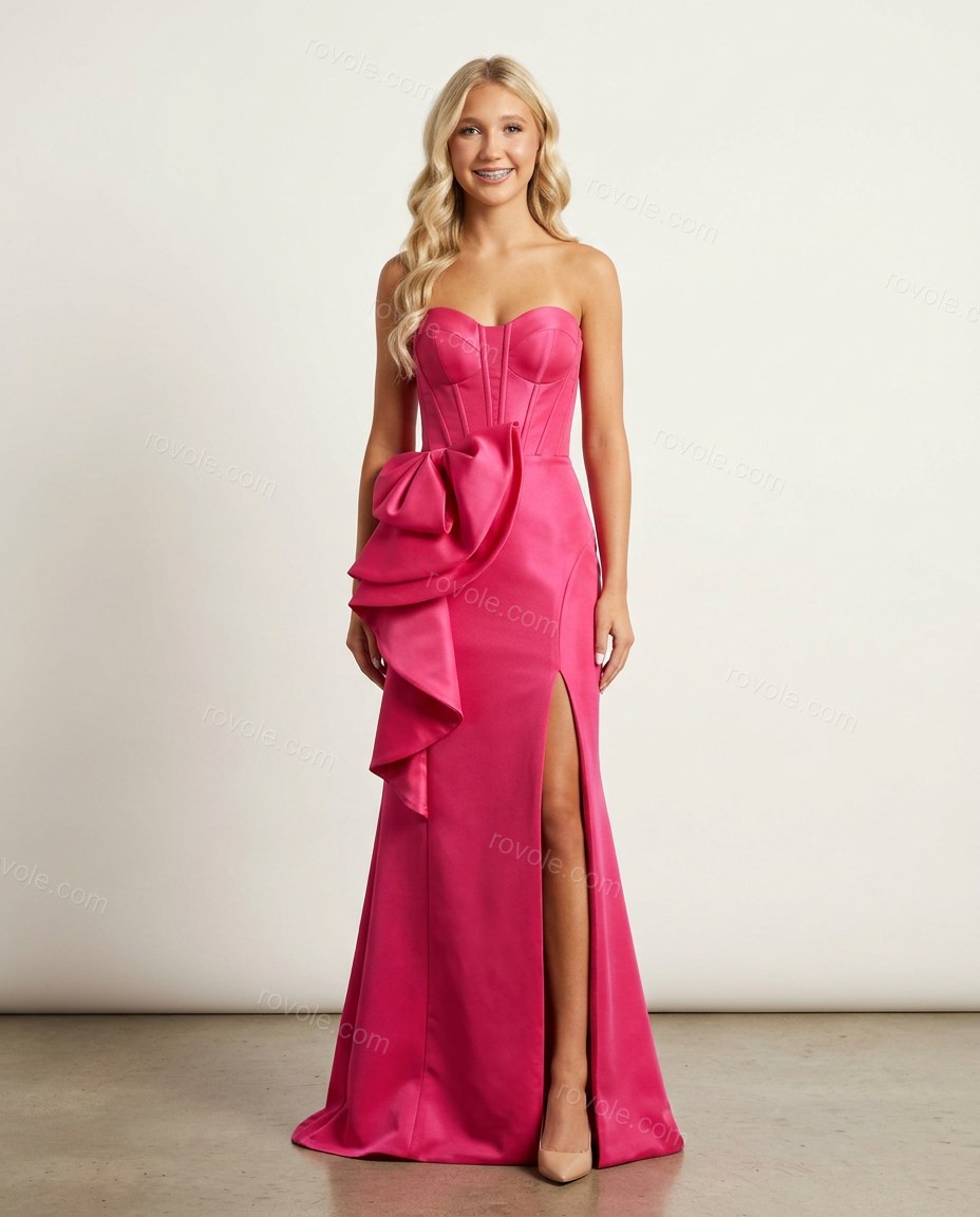 Fuchsia Maxi Strapless Satin Dress, front studio view, by rovole.com