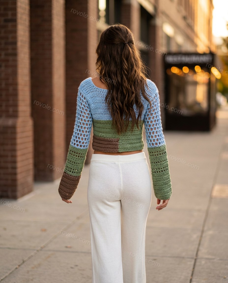 Green Knit Crochet Two-Piece Set, movement and fit lifestyle view, by rovole.com