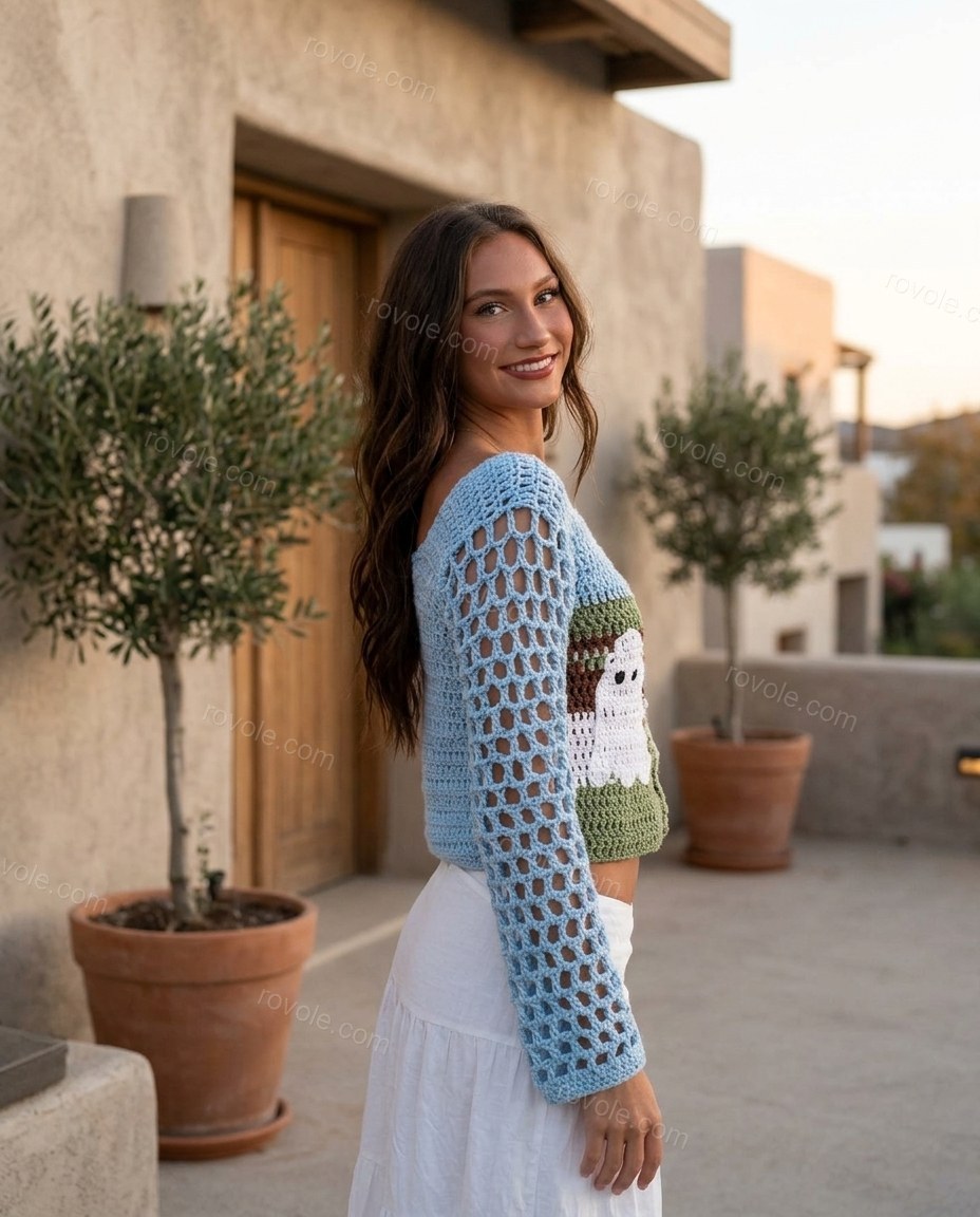 Green Knit Crochet Two-Piece Set, three-quarter brand lifestyle view, by rovole.com