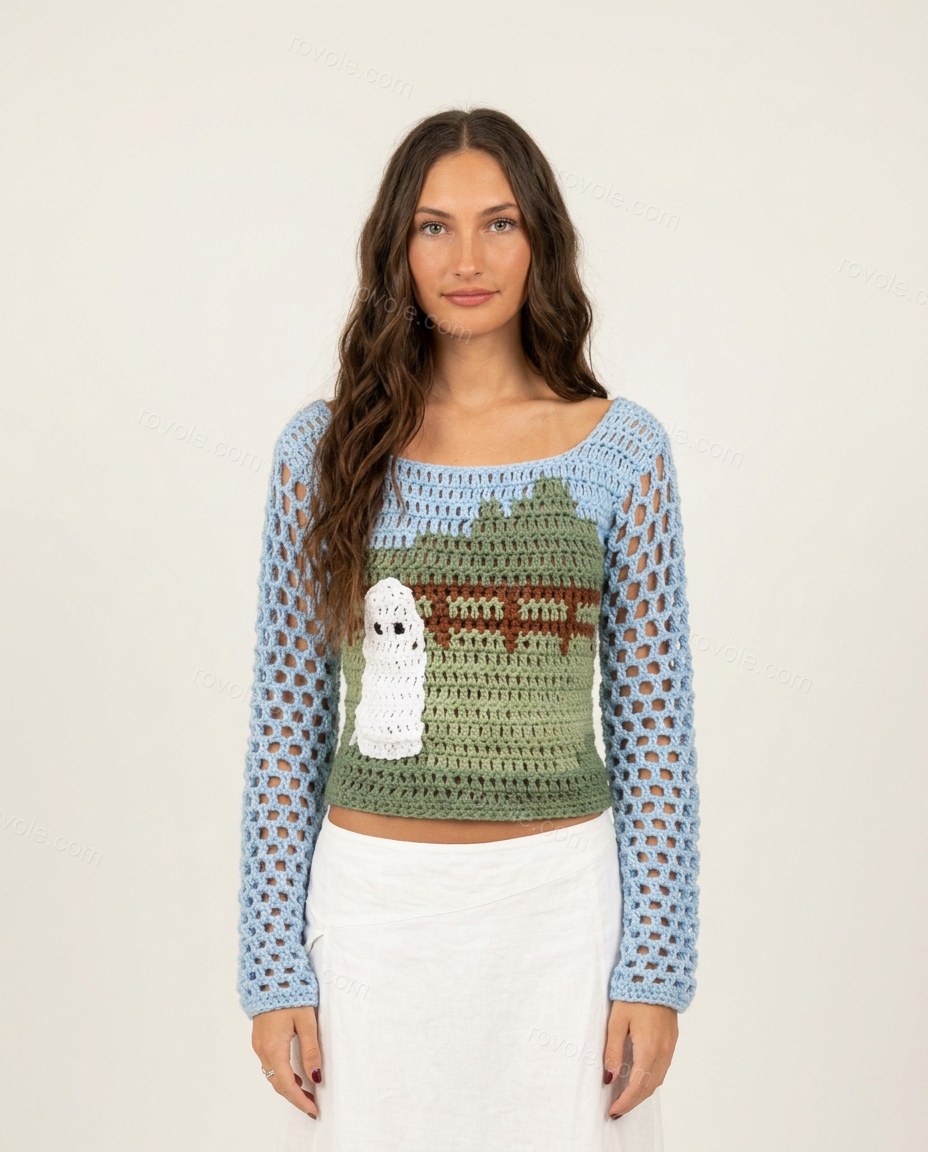 Green Knit Crochet Two-Piece Set, front studio view, by rovole.com