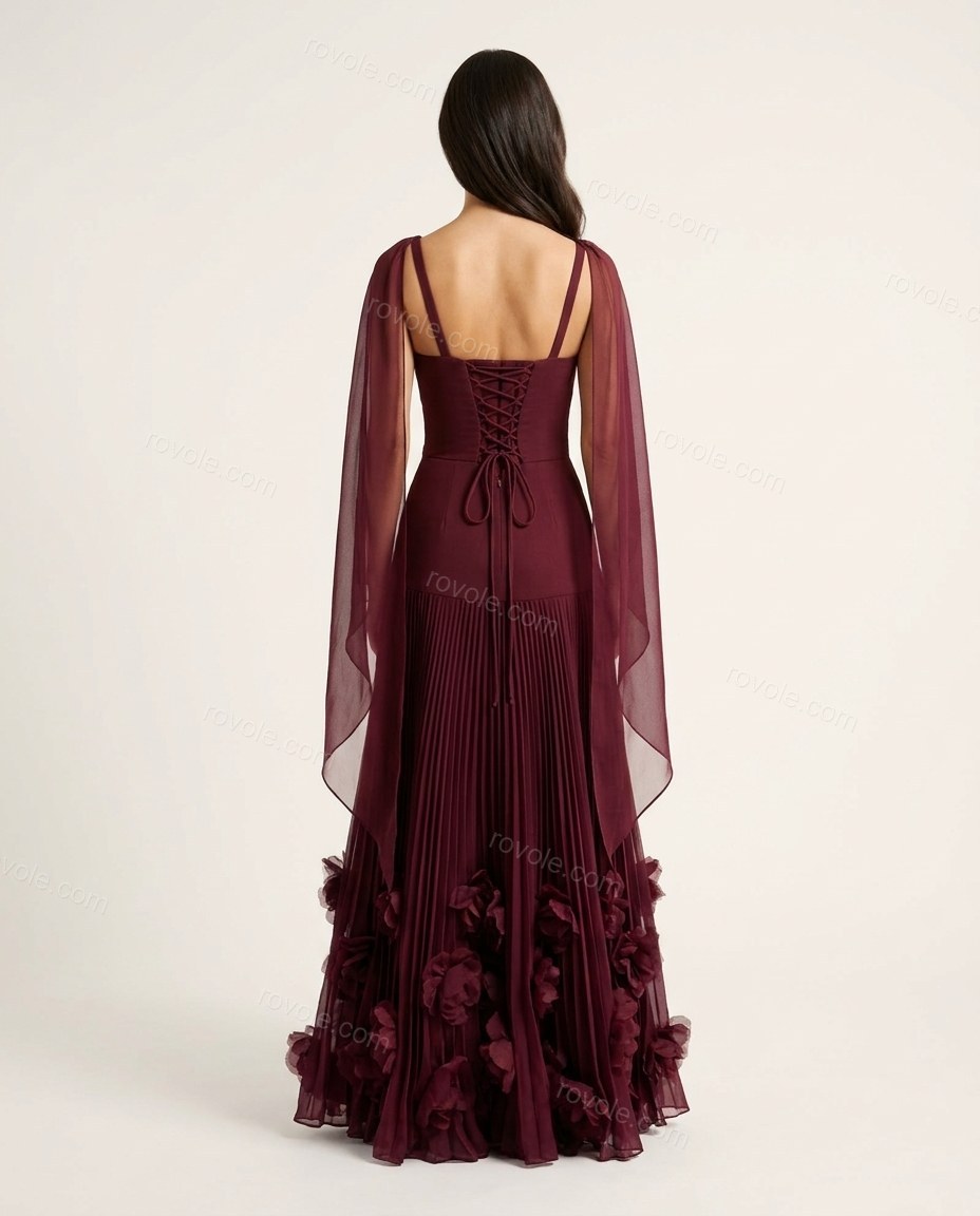 Burgundy Floral Maxi Cape Dress, back studio view showing smooth back with capelet draping, by rovole.com
