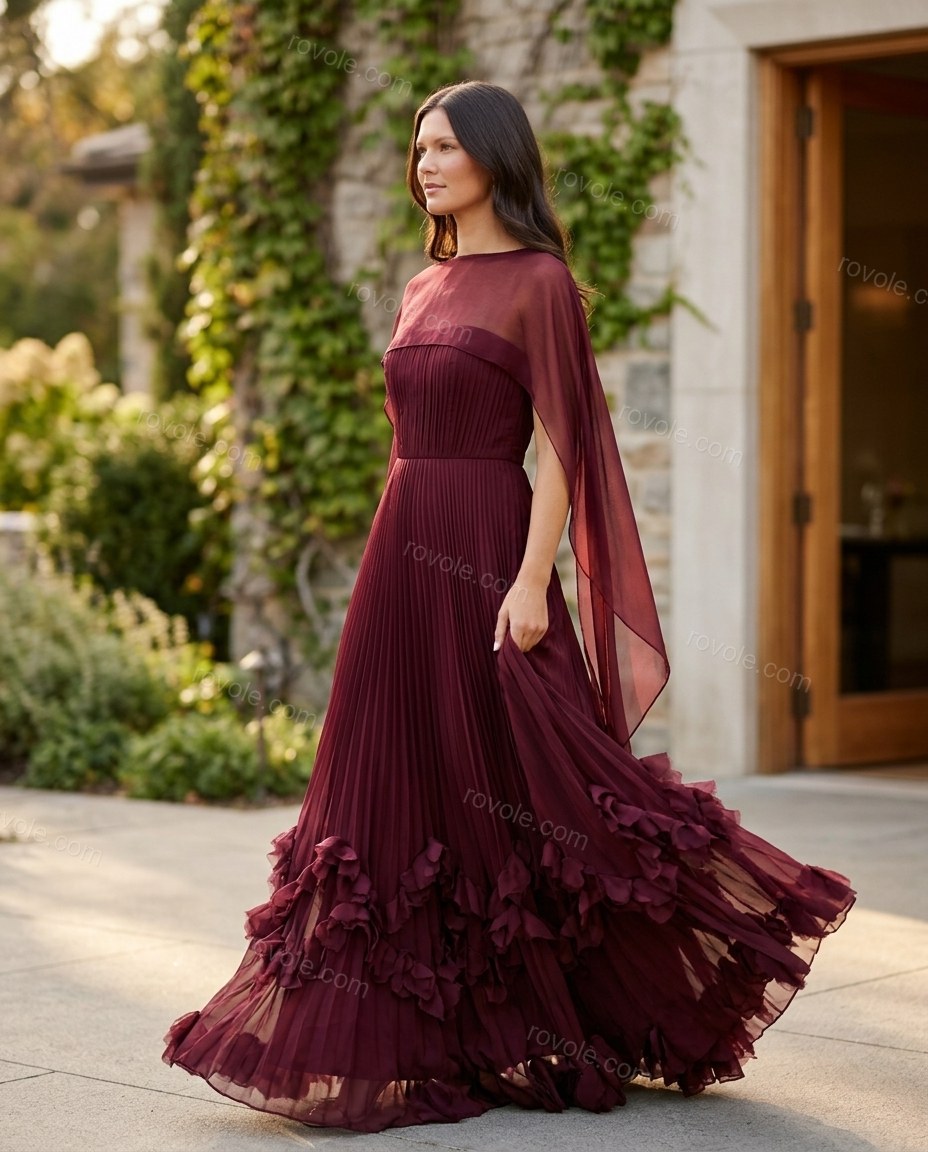 Burgundy Floral Maxi Cape Dress, walking lifestyle view, by rovole.com