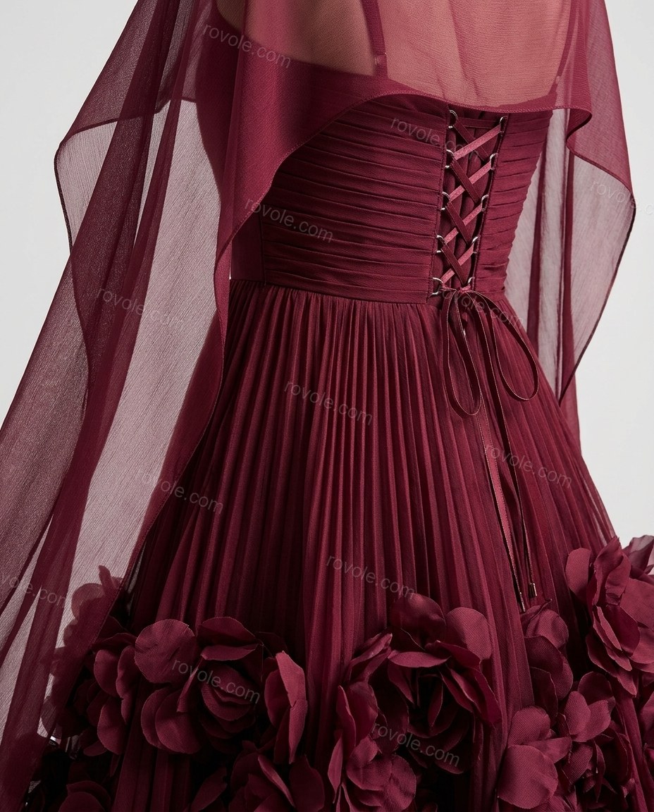 Burgundy Floral Maxi Cape Dress, close-up of floral, by rovole.com