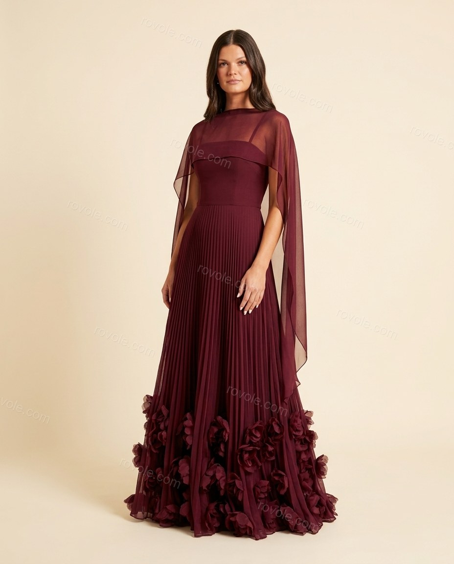 Burgundy Floral Maxi Cape Dress, full-length hero view, by rovole.com