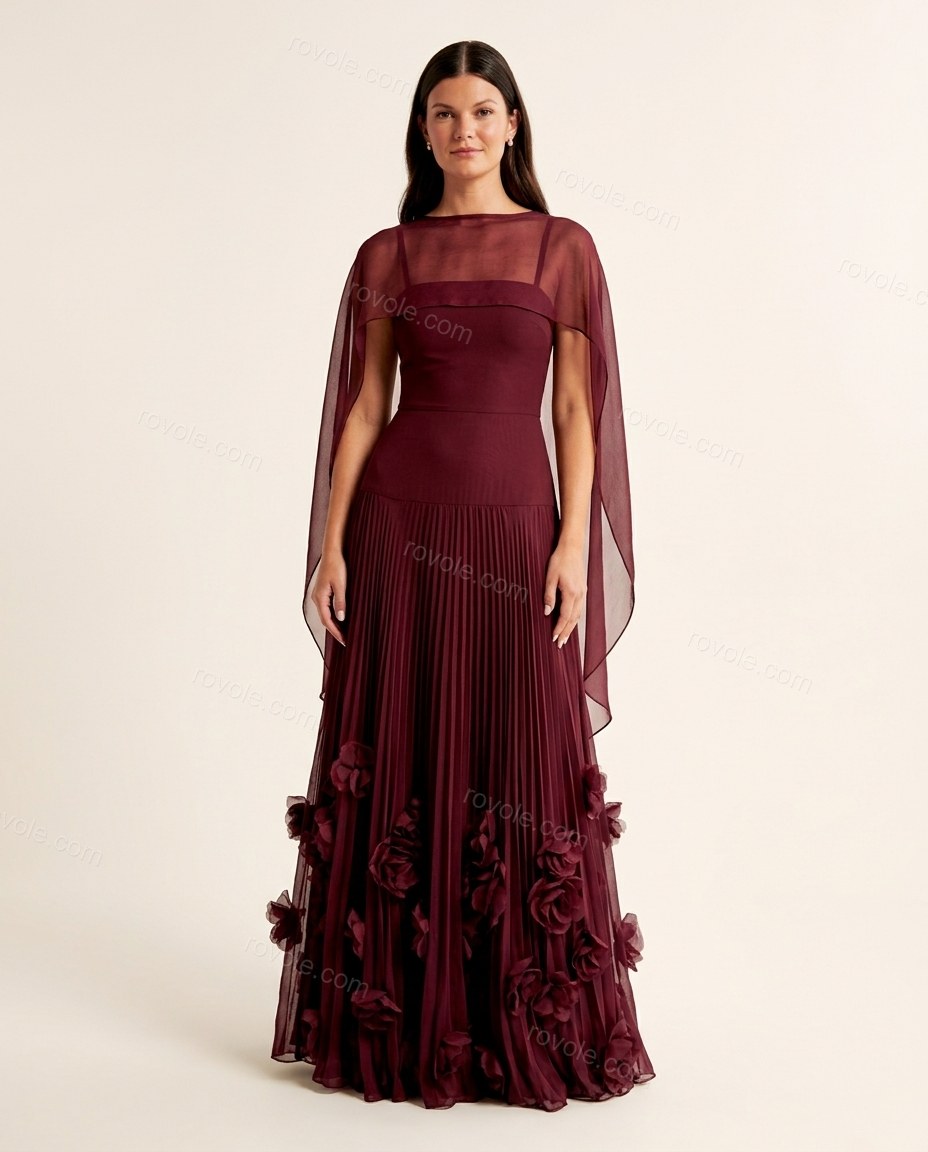 Burgundy Floral Maxi Cape Dress, front studio view, by rovole.com