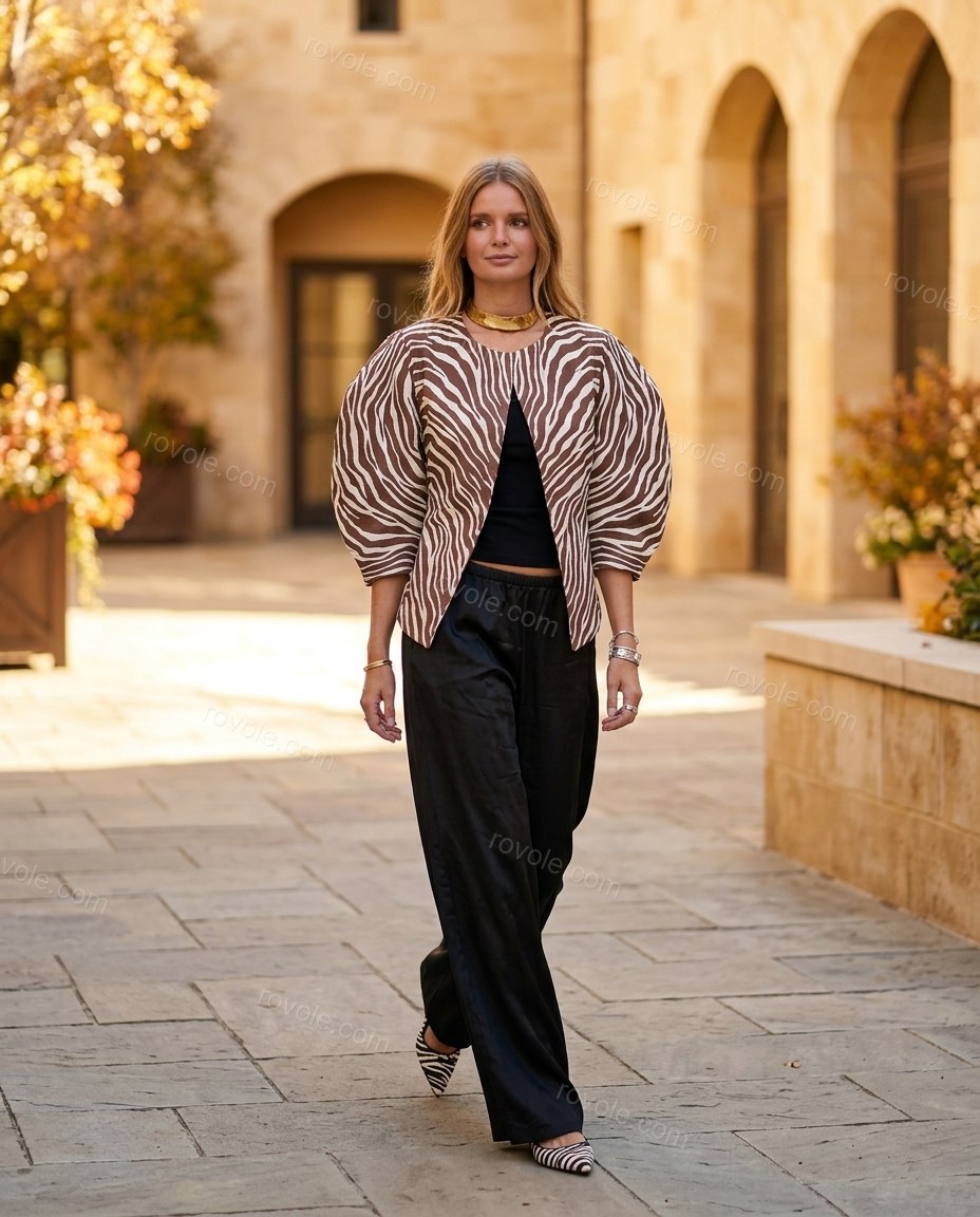 Brown Animal Print Jacket, movement and fit lifestyle view, by rovole.com