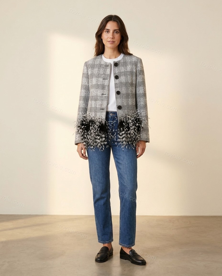 Grey Plaid Feather-Trim Jacket, full-length hero view, by rovole.com