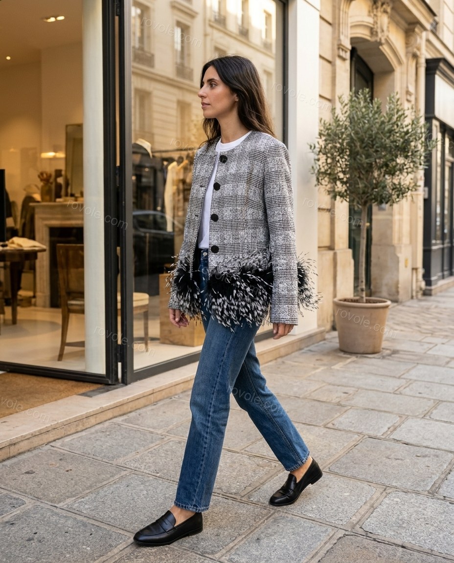 Grey Plaid Feather-Trim Jacket, walking lifestyle view, by rovole.com