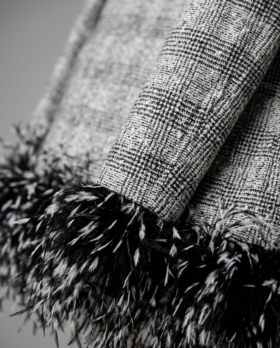 Grey Plaid Feather-Trim Jacket, close-up of plaid, by rovole.com