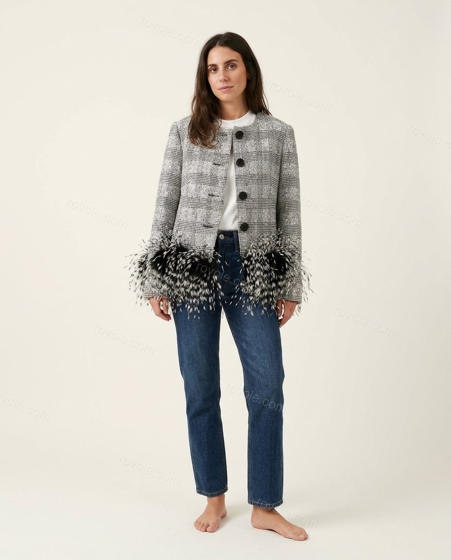 Grey Plaid Feather-Trim Jacket, front studio view, by rovole.com
