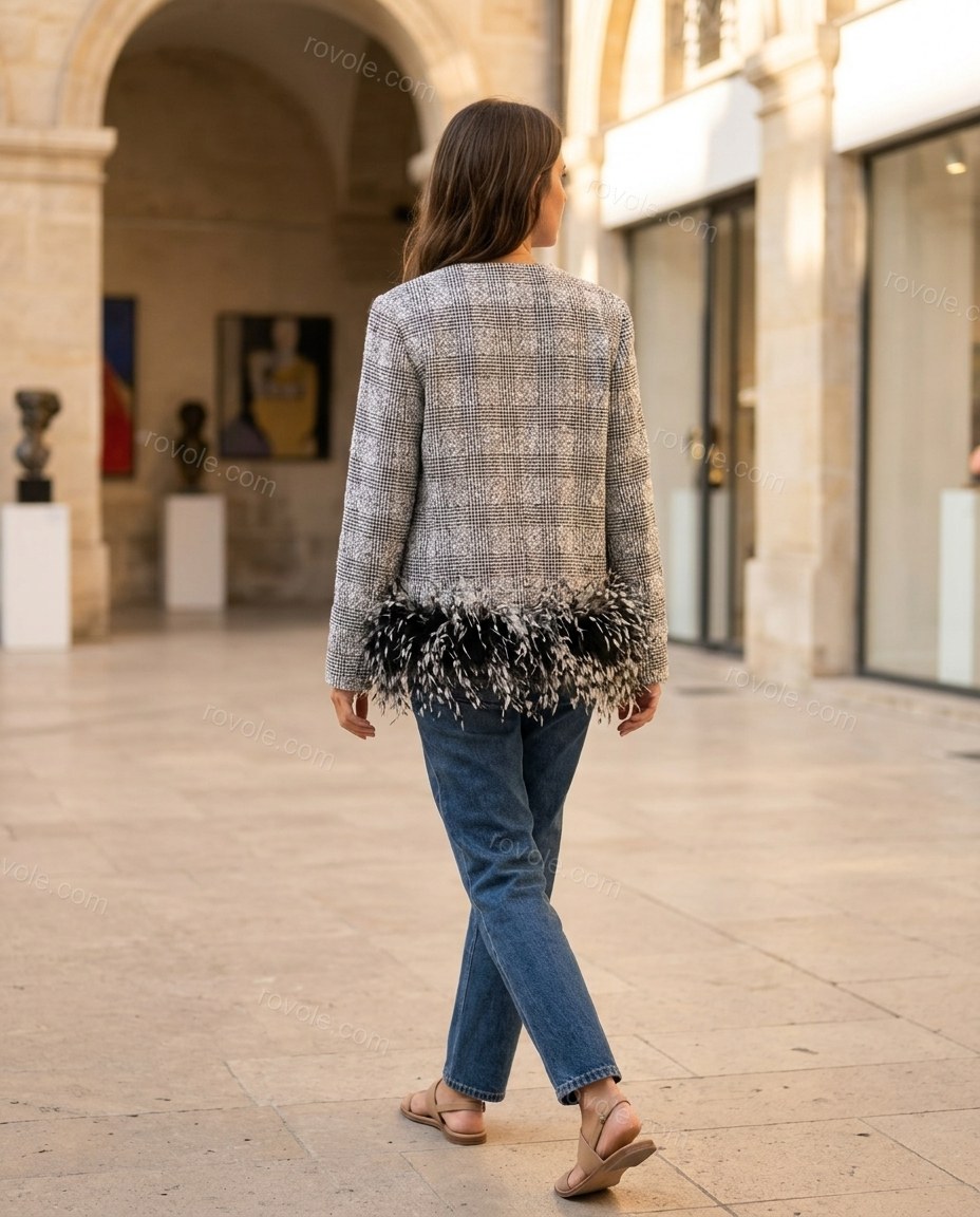 Grey Plaid Feather-Trim Jacket, alternate use-case lifestyle view, by rovole.com