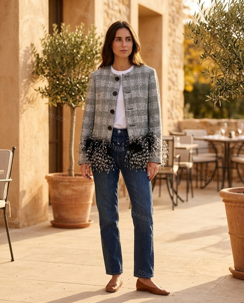 Grey Plaid Feather-Trim Jacket, three-quarter brand lifestyle view, by rovole.com
