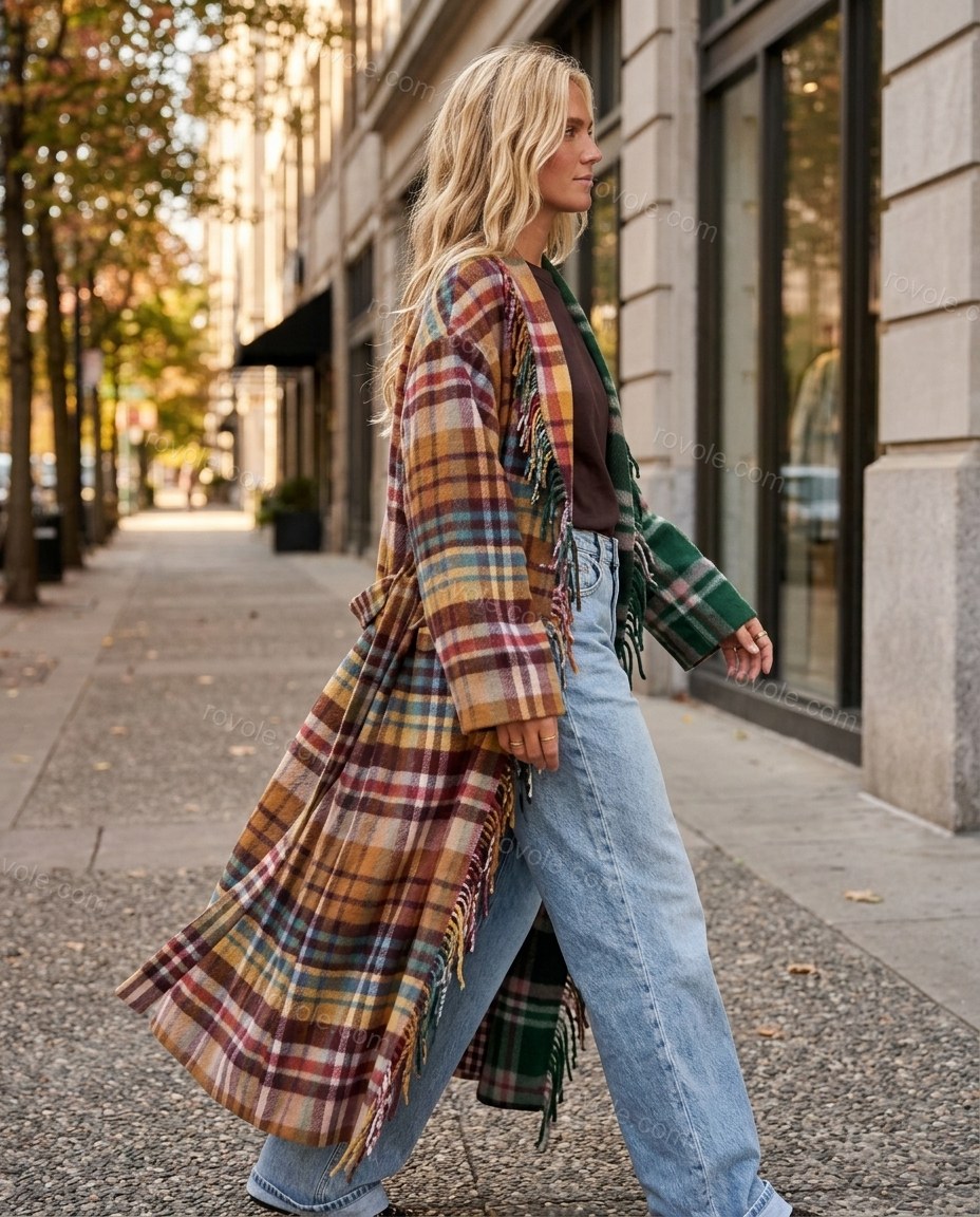 Green Plaid Fringe Coat, movement and fit lifestyle view, by rovole.com