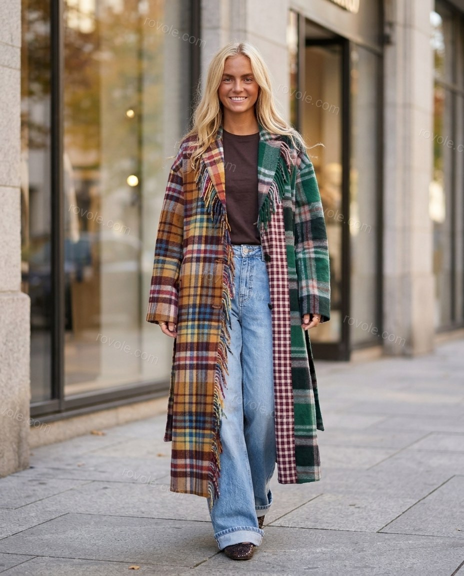 Green Plaid Fringe Coat, three-quarter brand lifestyle view, by rovole.com
