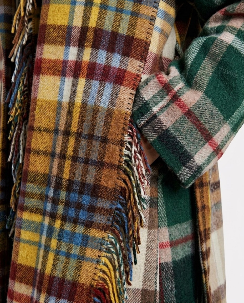 Green Plaid Fringe Coat, close-up of plaid, by rovole.com